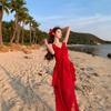 French Beautiful Irregular Ruffle Edge Red Suspender Dress Women's Summer Seaside Vacation Atmosphere Temperament Dress