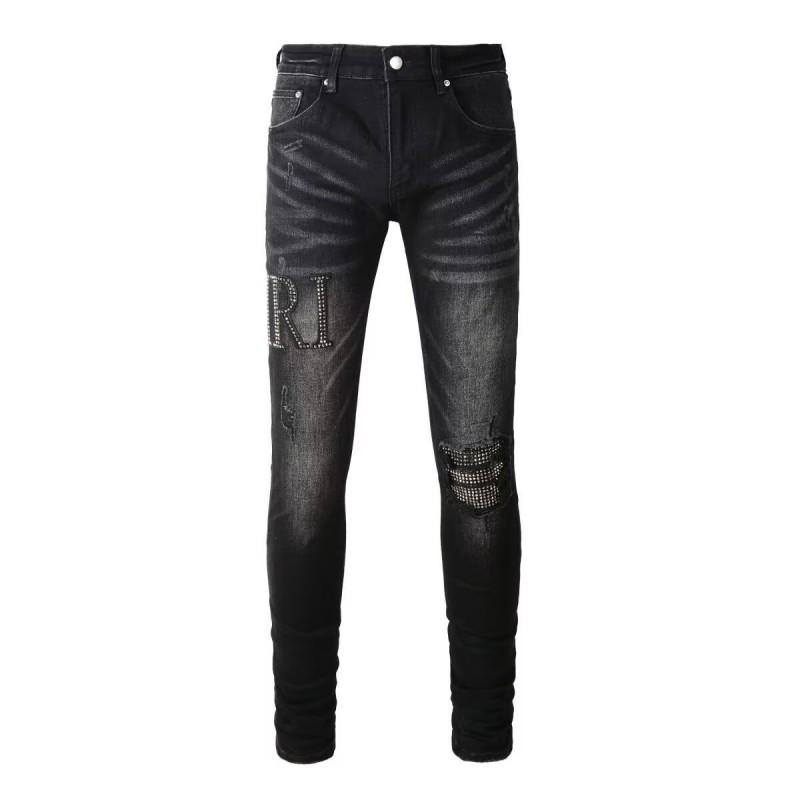 Mens Slim Fit Jeans Punk Style Distressed Printed Denim Pants Teens Casual Wear