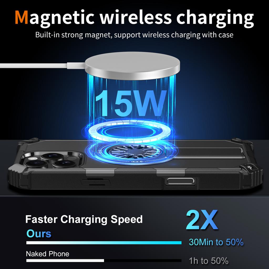 For iPhone 16 Pro Magnetic Case Kickstand TPU + PC Drop Defend Phone Cover