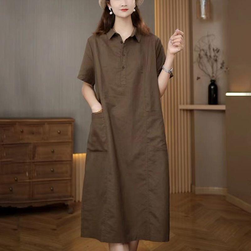 Casual Cotton Linen Dress Summer Women Fashion Slimming Cover Belly Elegant Long Dress