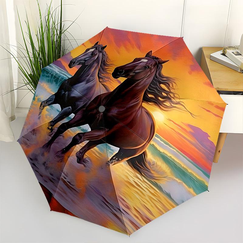 

Sunset, Horses Automatic Folding Umbrella Compact 8 rib Design, Unique Style, Suitable for Everyday Outdoor Use, Perfect Gift for Friends an