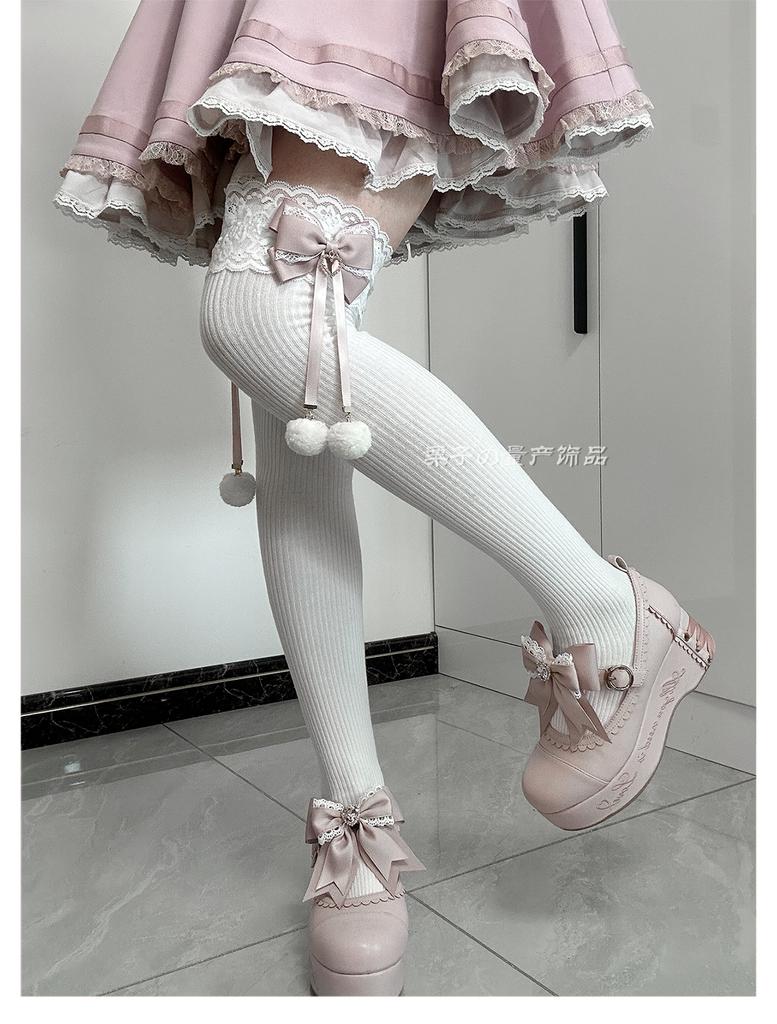 Long Tube Hairball Bow Medium Tube Socks Lolita Above Knee Socks Lace Stockings Jk Girl