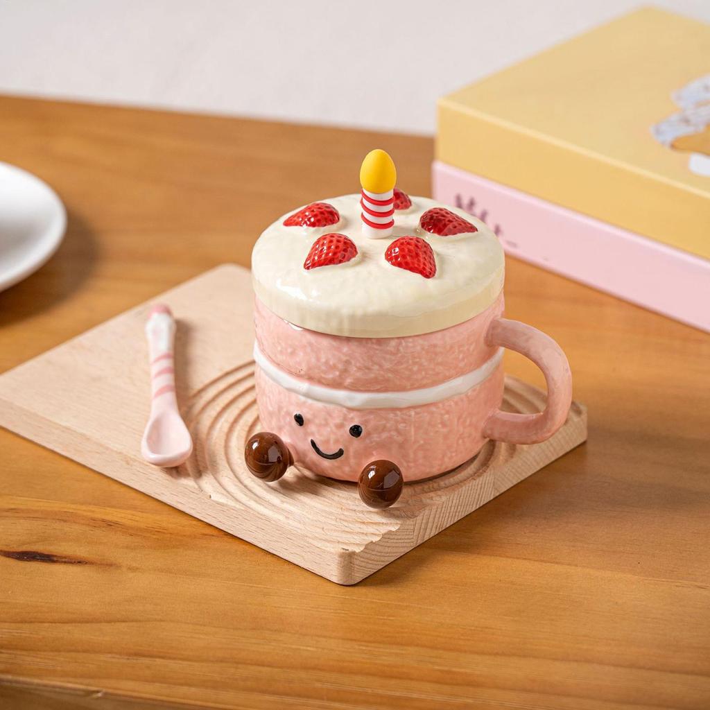Novelty Coffee Mugs Ceramic 400ml With Lid Spoon Feet Cake Shaped Aesthetic Mug Tea Cup For Women Christmas Birthday Valentines