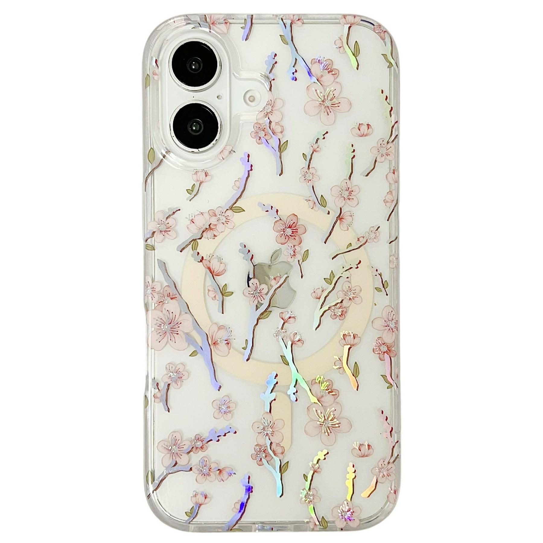 

For iPhone 16 Magnetic Case Rhinestone Laser Floral PC + TPU Phone Cover Compatible with MagSafe
