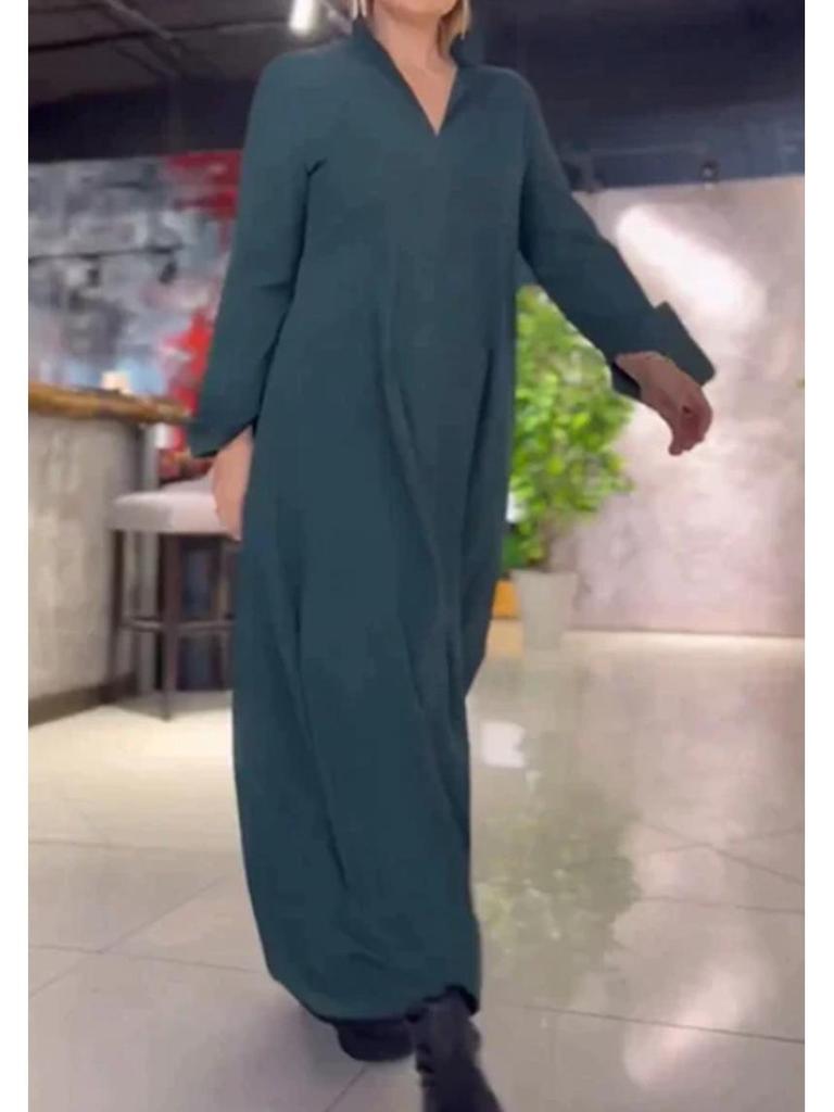 European and American Solid Color V-Neck Satin Long-Sleeve Pocket Dress