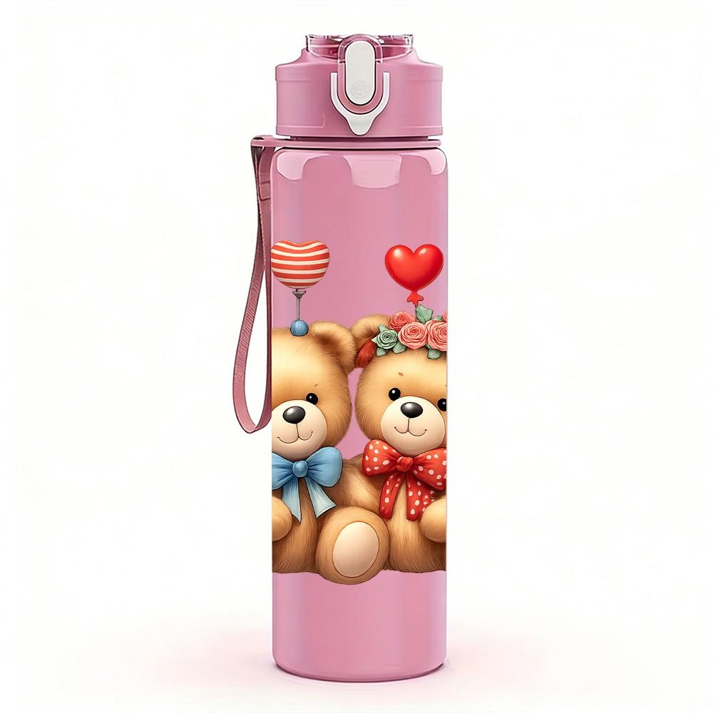 1PC Twin Love Teddy Bears 750ml Color Plastic Sports Water Bottle Leakproof Flip Straw Lid Suitable for Sports Office Home Use
