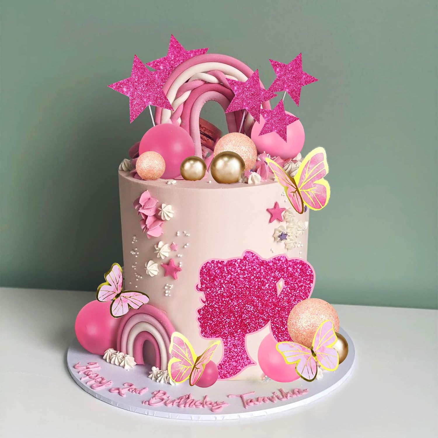 

46pcs Hot Pink Girl Cake Toppers Girl Theme Cake Decoration Pink Gold Butterfly Balls Star Doll Cake Toppers for Birthday Party