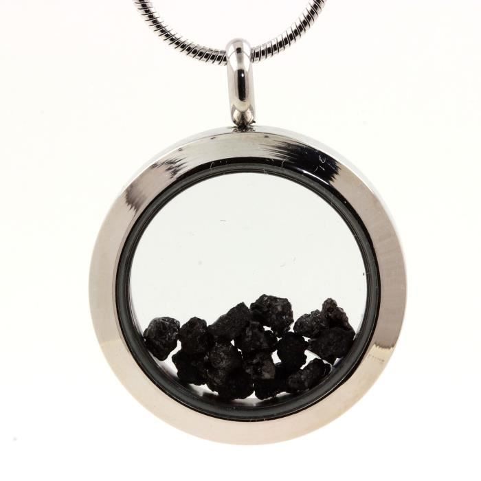 Collier - ABIJOUX - Médaillon 20 mm - Acier inoxydable - Verre flotté - Diamant noir brut