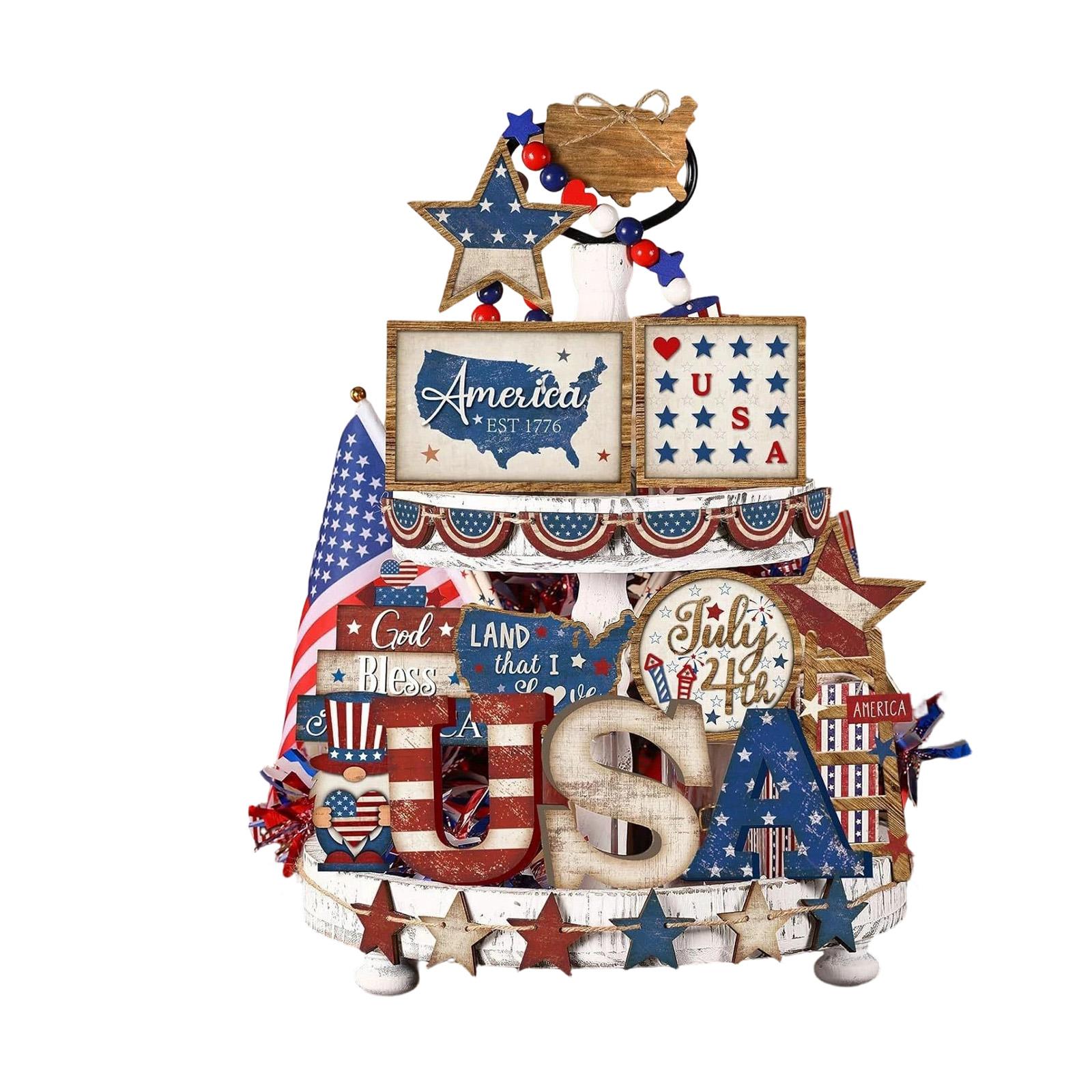 

Tiered Tray Decorations Set Wood Patriotic Decoration Rustic American Flag Star Red Blue Decor For Memorial Day 250th Anniversary Home Ind One Size