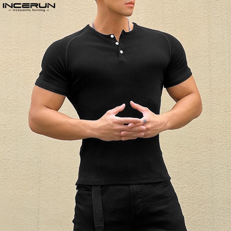 INCERUN Summer Men Short Sleeve Casual Texture Henley Tops T-shirts
