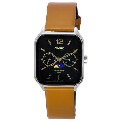 Standard-Analog-Mondphasen-Herrenuhr mit Lederarmband, schwarzem Zifferblatt und Quarzwerk MTP-M305L-1A