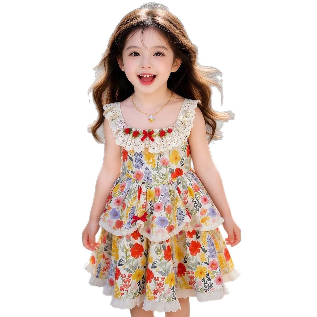 Girls Floral Cotton Dress with Lace Trim Boho Princess Summer