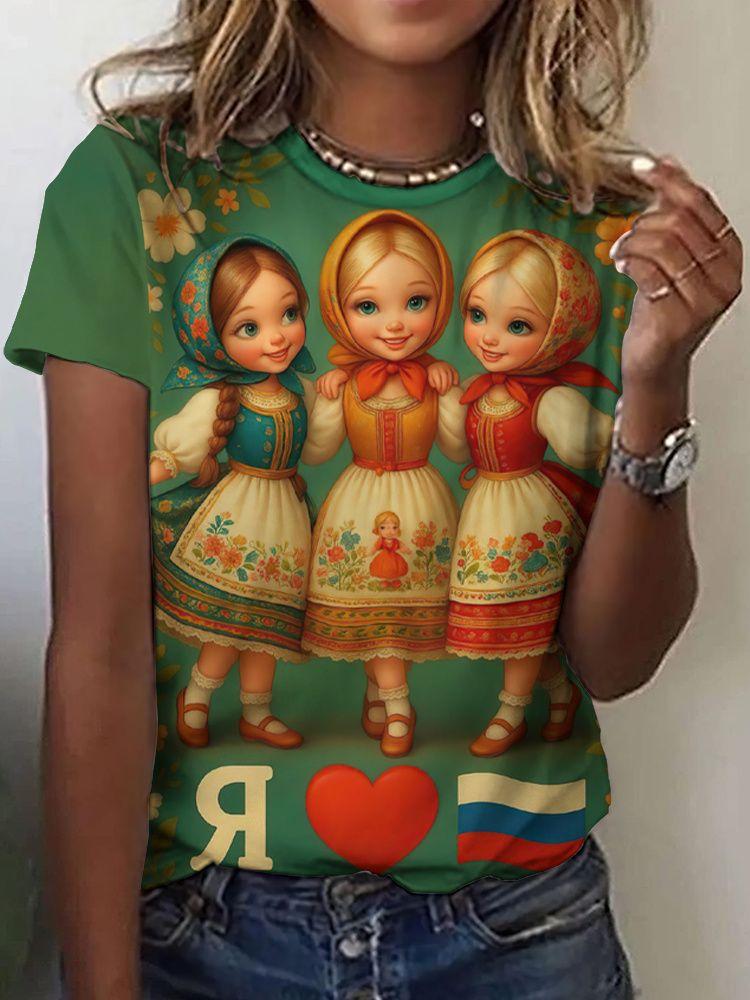 Matryoshka doll 3D print women's round neck short-sleeved T-shirt, Harajuku style top, women's clothing