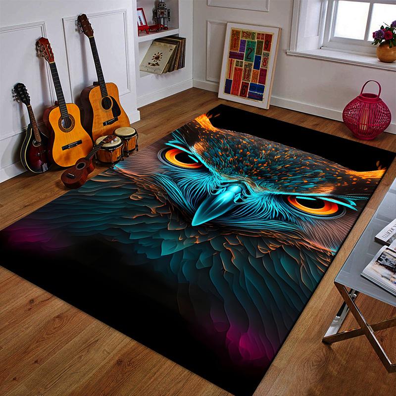 "Vibrant Neon Owl Design on Black" Patterned carpet a non slip rug suitable for all seasons and any setting, gift