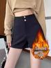 Women's High-Waist Slimming A-Line Black Suit Shorts with Velvet Lining for Autumn and Winter