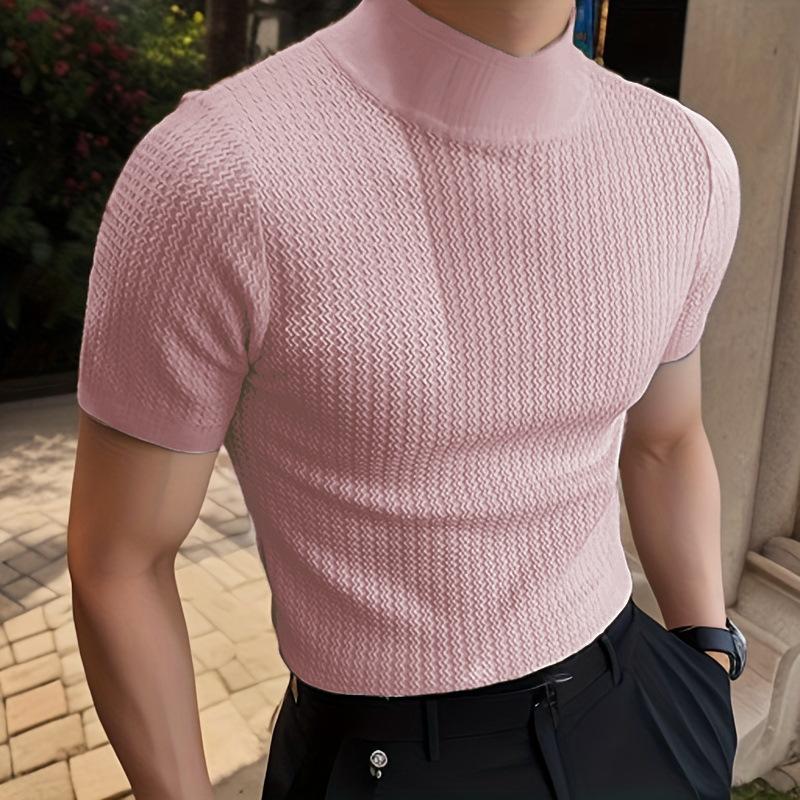 Men Casual Tshirts Summer Men Knitted Pullover Top Half Neck Polo Shirt Male Turtle Neck Solid Color Tops Tees