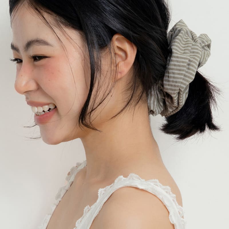 Geegee Stripe Shirt Hair Scrunchie - Light Khaki