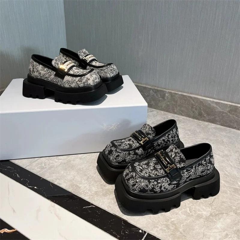 Fashion 2024 New Denim Print Cloth Synthetic Leather Platform Wedge Chunky Sneaker Comfy High Brand Spring Fashion Autumn Casual Shoes