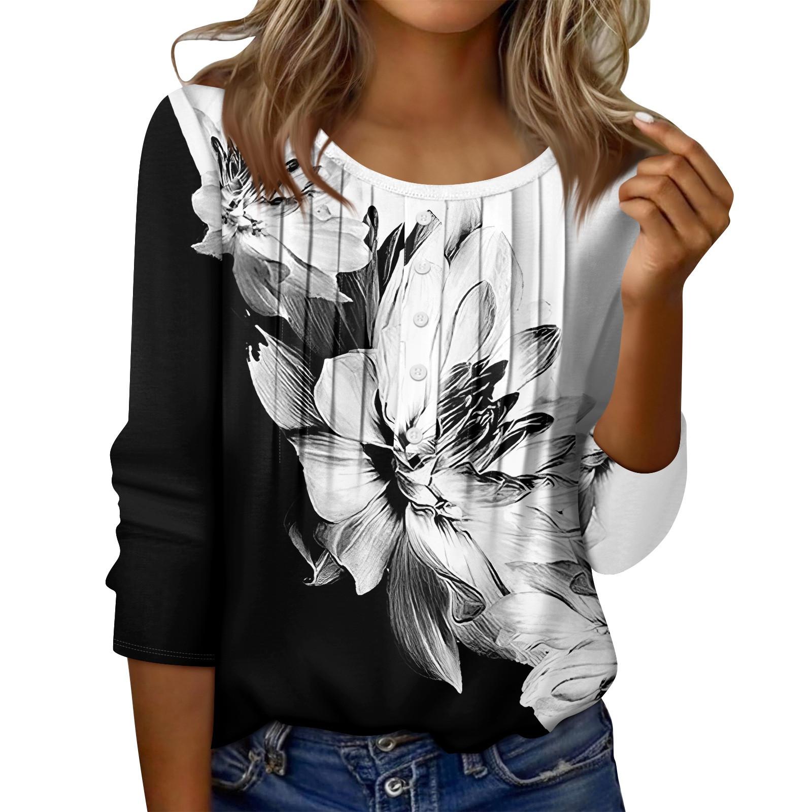 

Женский топ с круглым вырезом, декоративными пуговицами и полосками, повседневная футболка однотонного цвета с рукавом 3/4 XL чёрный