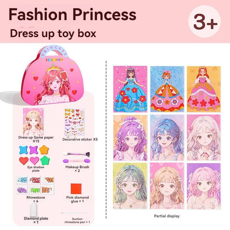 DIY Paper Art Craft Kits-3 in 1 Princess Makeup Kit with Diamond Painting Kits and Princess Dress Up Sticker Book Gifts for Girl