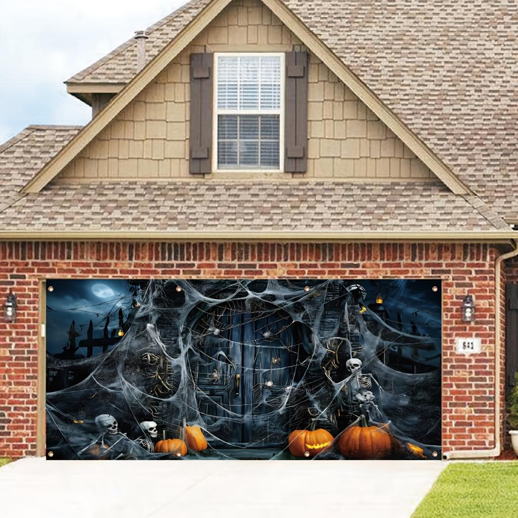 1 Halloween garage polyester banner - ghost spider web door with skull and pumpkin design perfect for holiday decoration