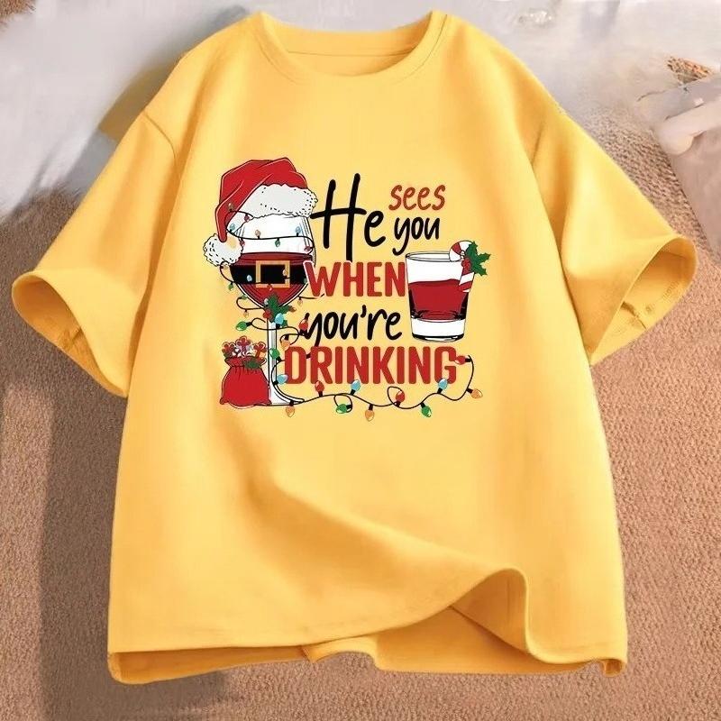 

Ladies Merry Christmas Cute Wine Glass Letter Printed Regular Casual Daily Short Sleeve Round Neck Womens Tshirt S