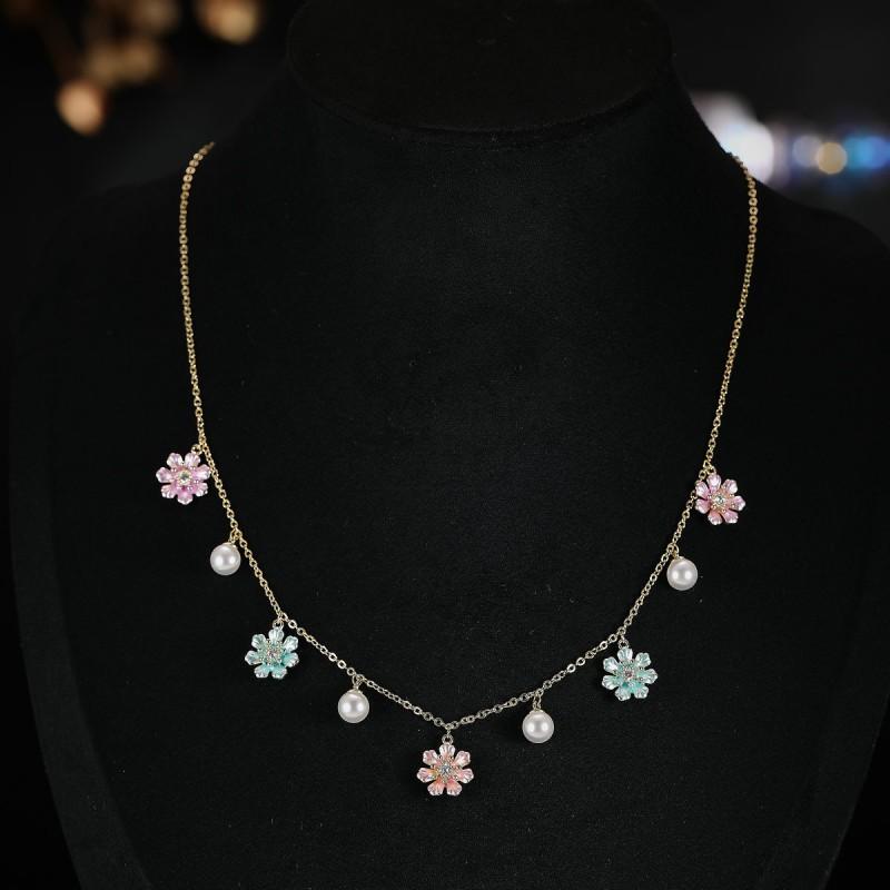 Handmade Floral Pearl Necklace Set Women Pink Blue Flower Design Lightweight Elegant Jewelry Casual Party Wear