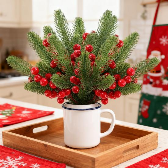Vánoční borové větvičky s červenými bobulemi Umělé zelené stonky na strom Květinová aranžmá Domov Kancelář Sváteční středová dekorace