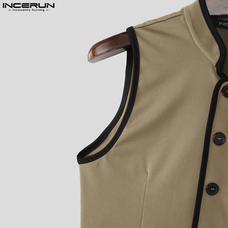 INCERUN Men Stand Neck Sleeveless Stitching Slim Waist Thin Waistcoat Tops
