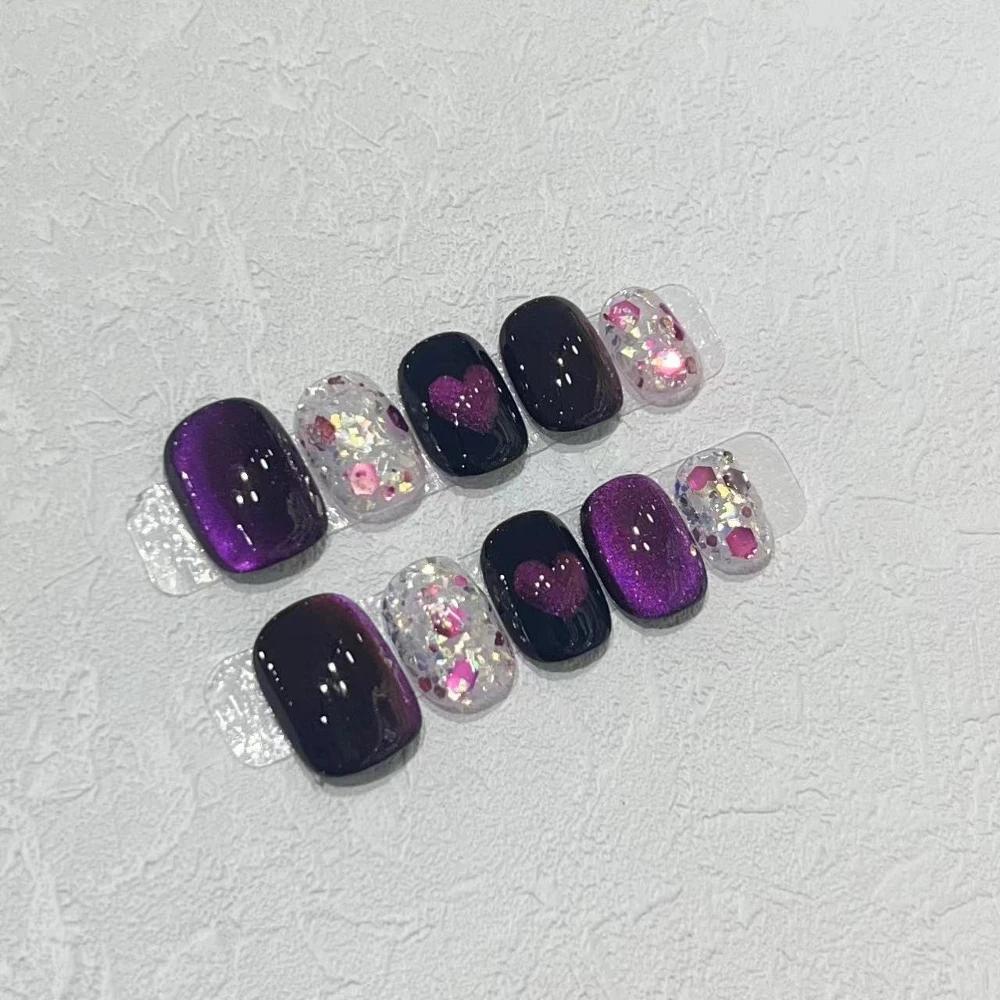 Summer Sweetheart Handmade Full Cover False Nails Kawaii Cartoon Cat Flower Cat Eye Short Square Reusable Fake Nail Stickers