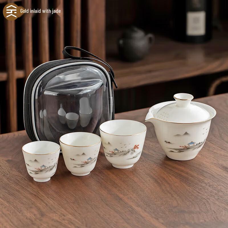 

Tranquil Realm Gold-Inlaid White Porcelain Portable Kung Fu Tea Set