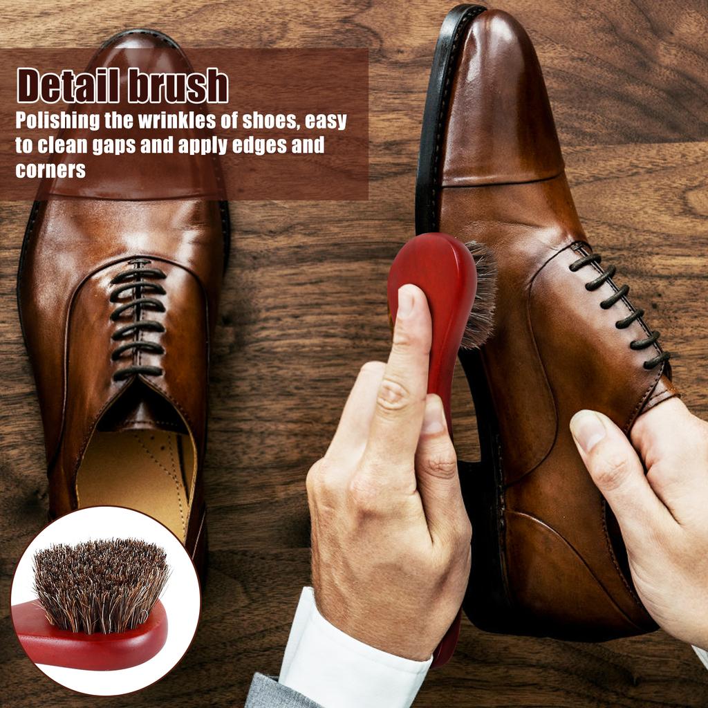 3Pcs Horsehair Shoes Brush Kit with Wood Long Handle Real Horse Hair Soft Polishing Tool for Leather Shoes Suede Polish Care