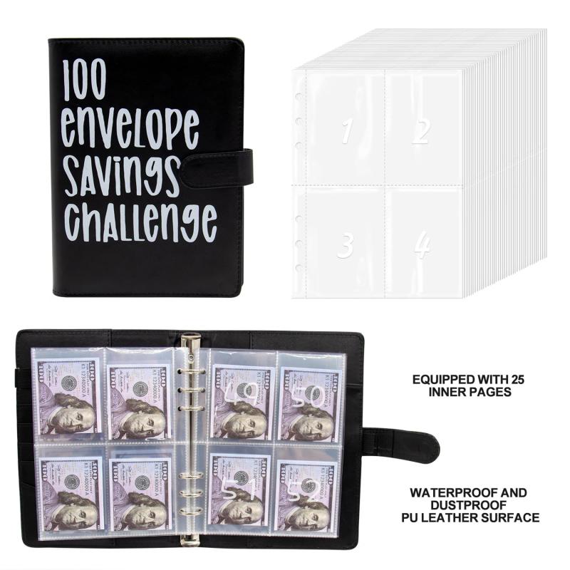 Livre d'épargne DIY Défi 100 Enveloppes Classeur Défis d'épargne à économiser Classeur budgétaire à feuilles mobiles avec Clip pour espèces Emplacement pour cartes Rangement