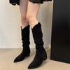 French Retro Coffee Stacked Boots Western Cowboy Boots Summer and Autumn High Boots Women's Boots Small Khaki Boots