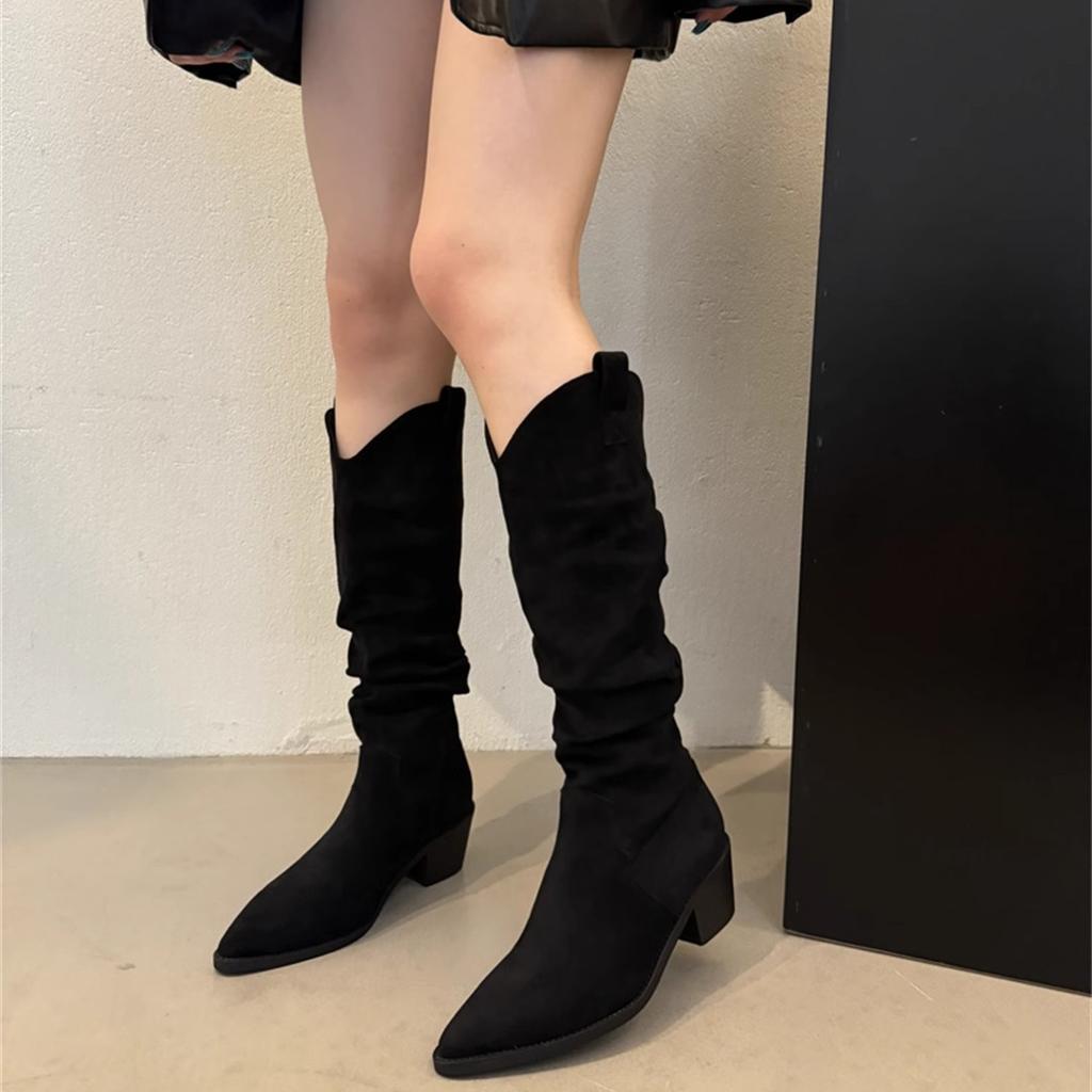 French Retro Coffee Stacked Boots Western Cowboy Boots Summer and Autumn High Boots Women's Boots Small Khaki Boots
