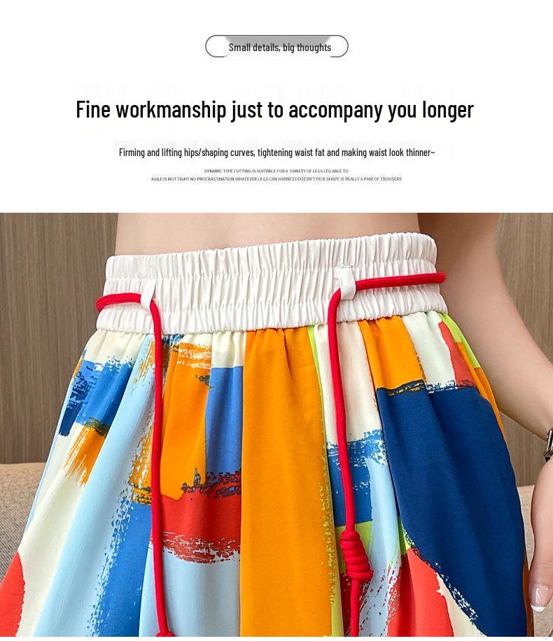 Plus Size Women's High-Waisted Tie-Dye Wide-Leg Summer Pants - Ice Silk, Slimming, Casual, Loose, and Draping.