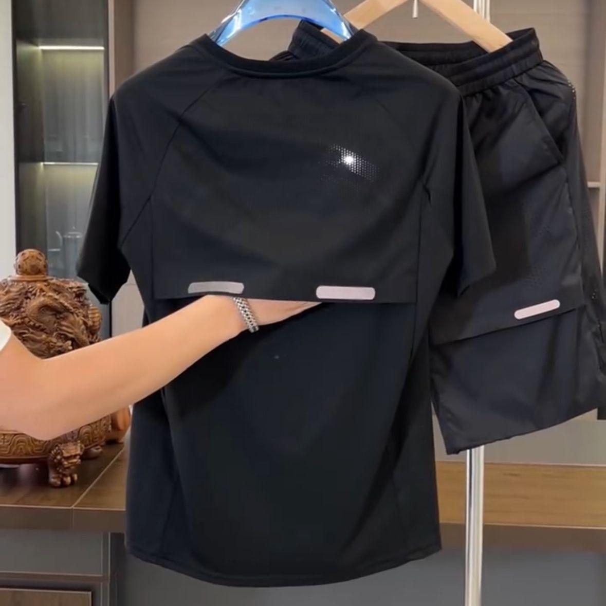 Men s Summer Quick-Dry Ice Silk Sports Set - Short Sleeve & Shorts L