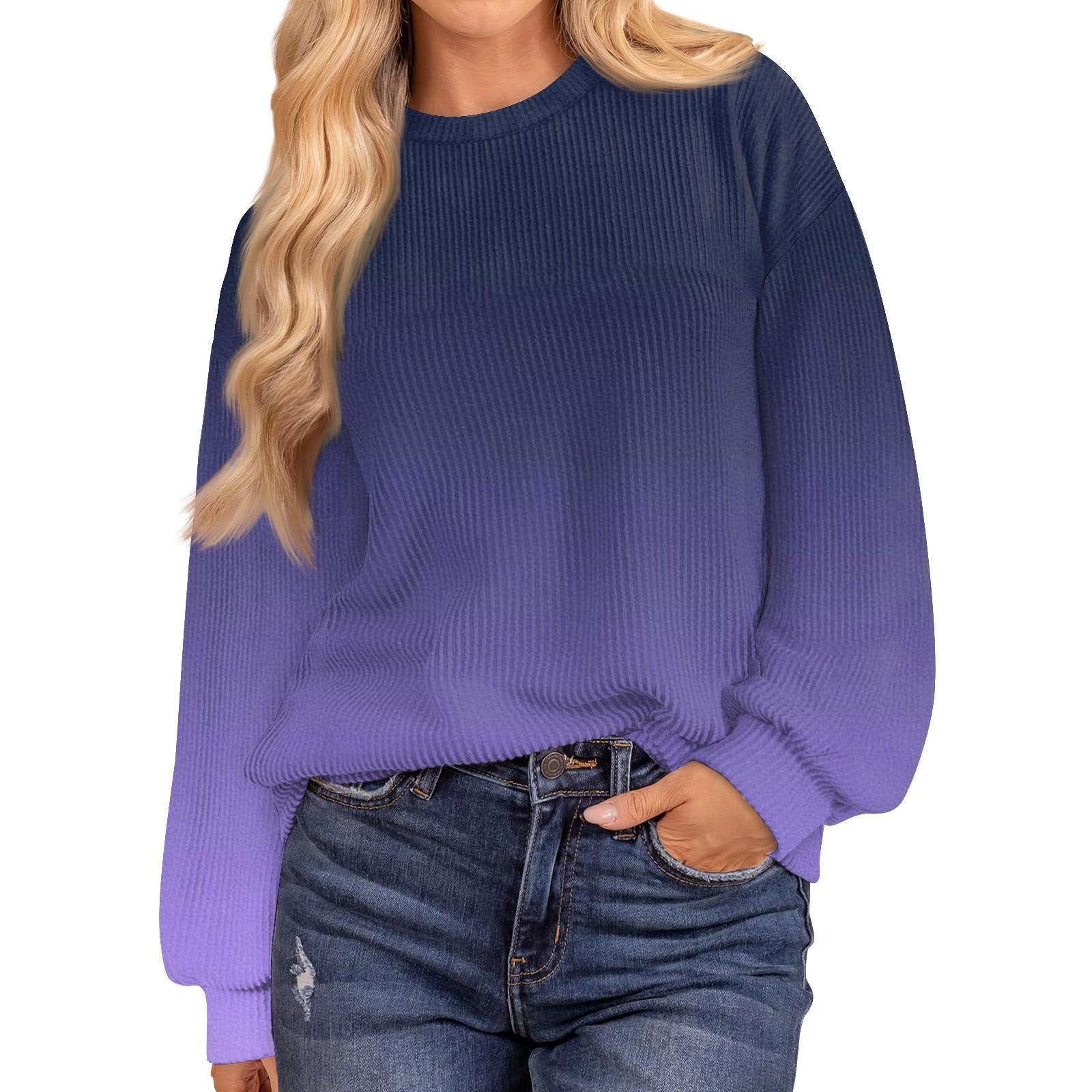 

Женские повседневные свободные туники, топы с круглым вырезом, трикотажные ребристые рубашки с принтом, длинный рукав, пуловер, топ XXL фиолетовый