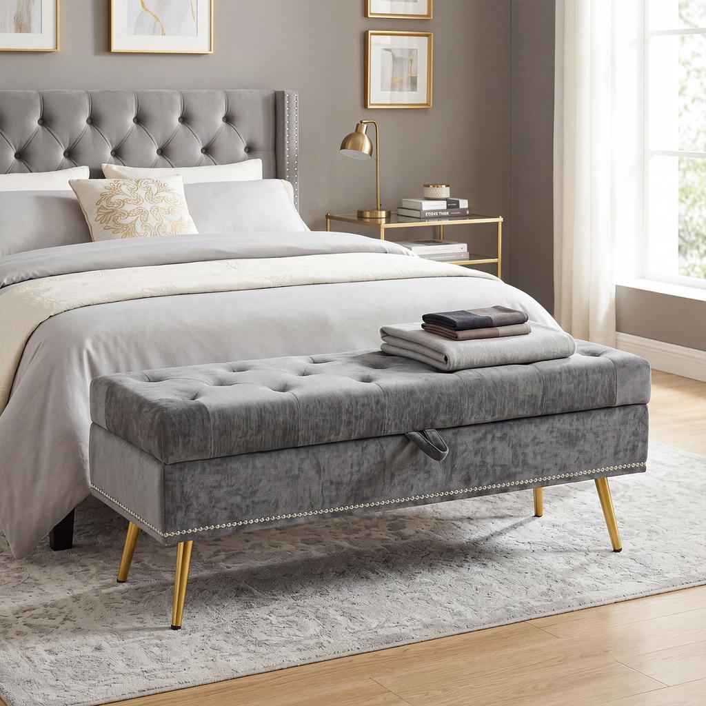Storage Ottoman, Chenille Upholstered Ottoman Storage Box with Padded Seat, Metal Legs, 114 x 41 x 45 cm, Grey