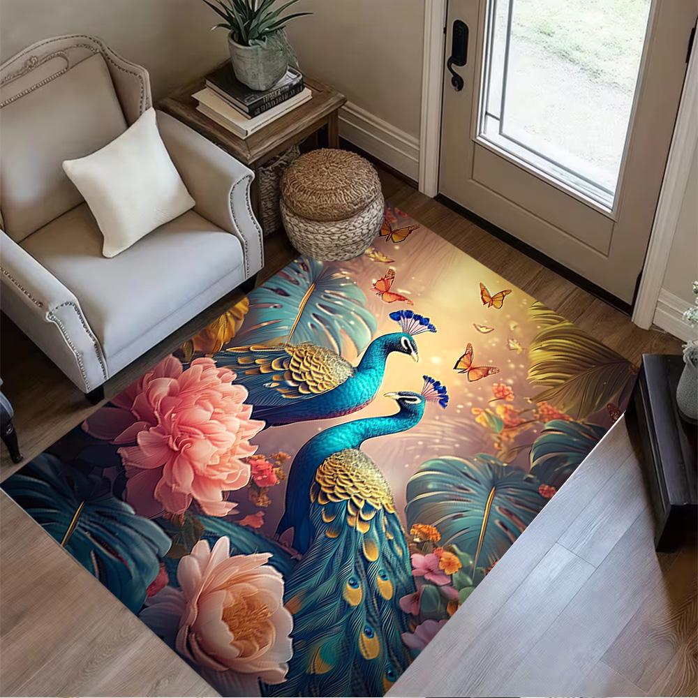 1pc Home Carpet Peacock and Flowers Non-Slip Design for Office Decor Living Room Bedroom Gift