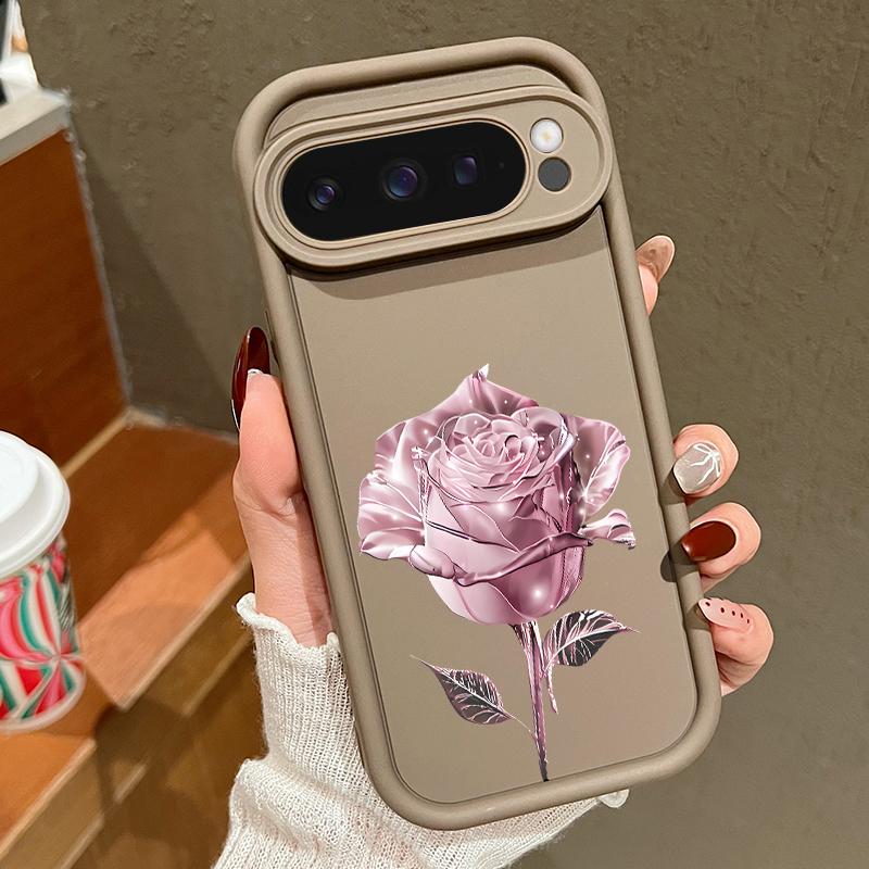 Crystal Rose Flower Pattern Soft TPU Matte Case For Google Pixel 9 Pro XL 8 Pro 8A Solid Color Shockproof Lens Protection Phone Cover