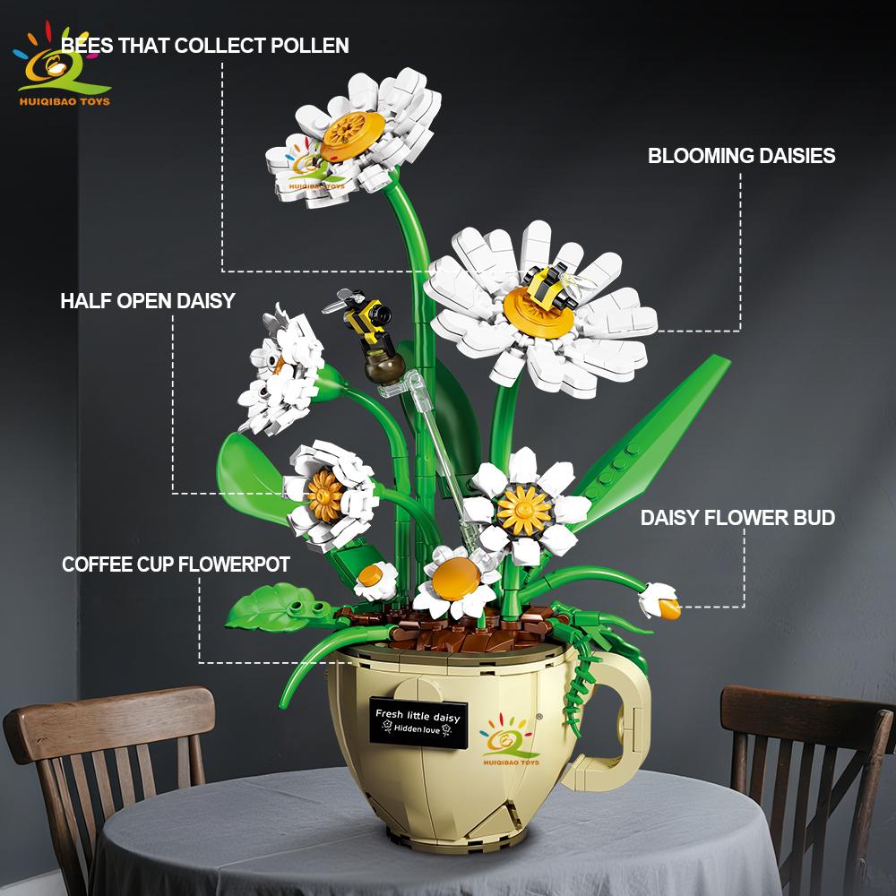 Flower Orchid Rose Daisy Coffee Cup Potted Building Blocks Bouquet MOC Bricks Toys DIY Home Desk Plant Decoration