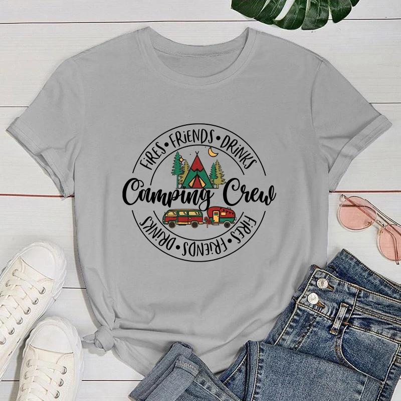 (Premium T-shirt)Fires Friends Drinks Camping Crew Letter Print T Shirts With Funny Saying Girls And Women'S Fashion Graphic Tee