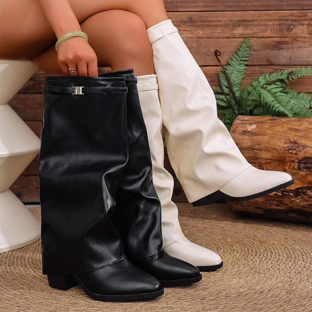 Fashion Fashion Fold Over Knee High Boots for Women Slip On Chunky High Heel Shark Boots Woman Wide Leg PU Leather Long Botas Mujer 2025