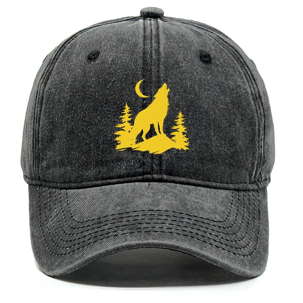 Golden Wolf Moon Print Snapback Sun Hat, Animal Flat Cap Fit Solid Color Sun Protection Adjustable Buckle Adjustable Baseball Hat
