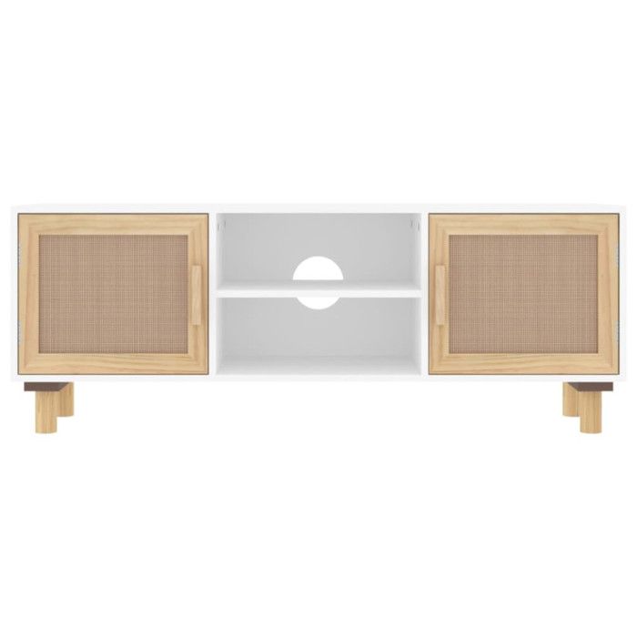 345615 vidaXL TV Stand White 105x30x40cm Solid Pine Wood and Natural Rattan