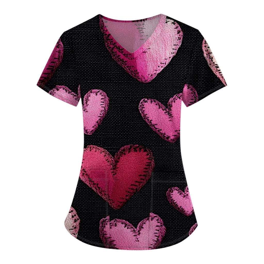 Women's Fashion V-Neck Short Sleeve Overalls With Pocket Valentine's Day Printed Tops  Clothes