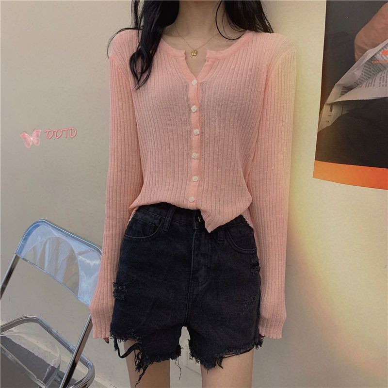 Women's Thin Knit Top Cardigan for Outer Wear Spring Long Sleeve Retro Loose V-neck Outer Coat Ins Style