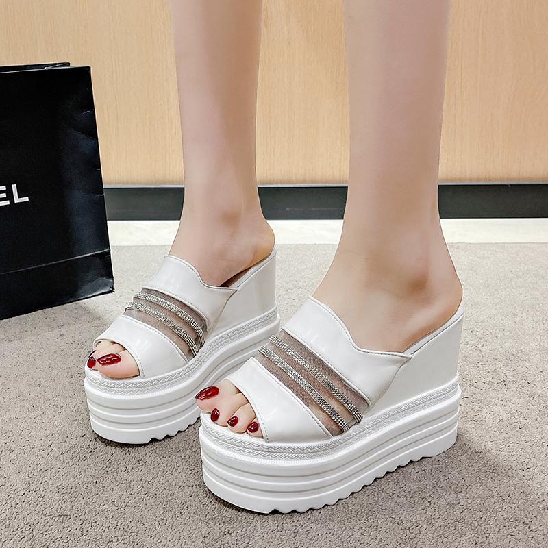 Fashion Slippers Casual Shoes On A Wedge Platform Slides Women Heels Pantofle Luxury Soft High 12CM Summer Fashion PU Fabric Leisure