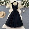 French Hepburn style dress women's summer high-end square neck suspender splicing mesh fluffy dress long dress